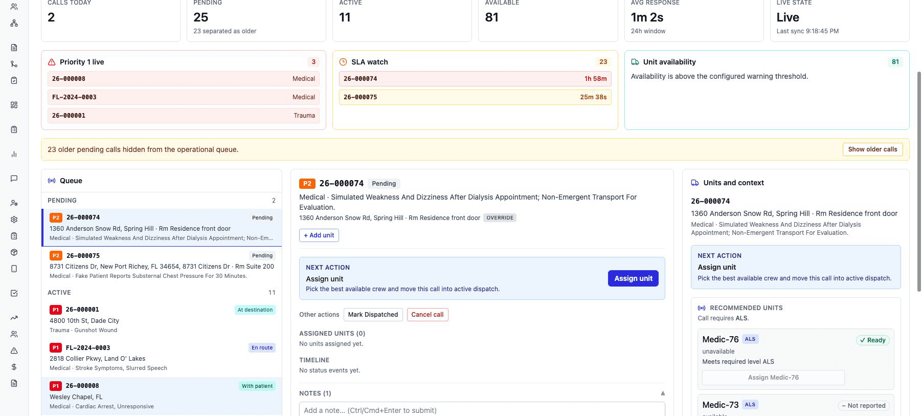 CADMedic command center using demo-agency data