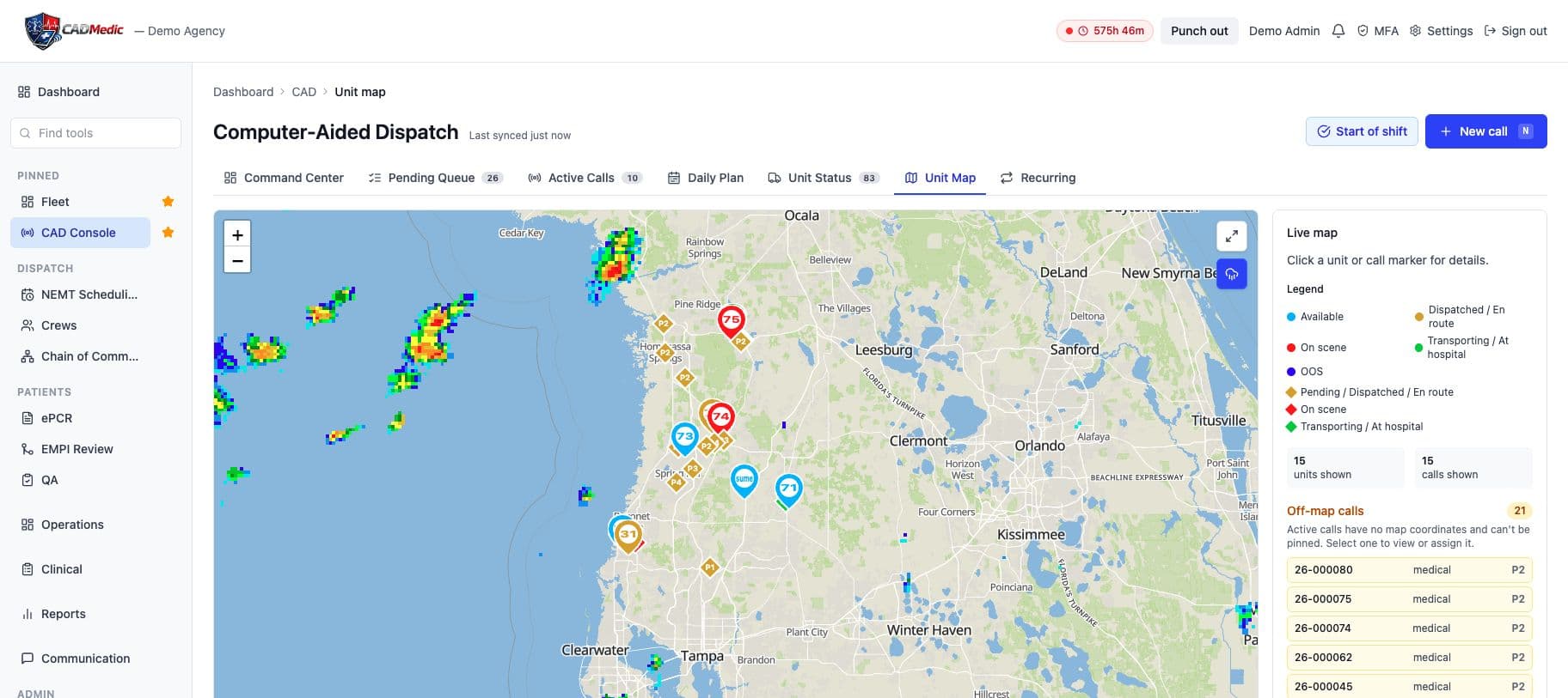 CADMedic live unit map using simulated demo-agency data