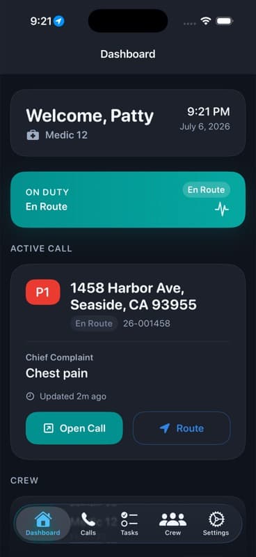 CADMedic iPhone field dashboard using demo-agency data
